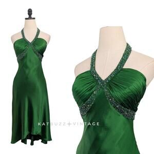Cache Prom Dress Midi Gown 2 Green Silk Vintage Y2K Glam Bead Holiday Halter